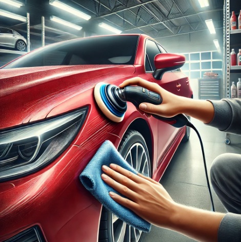 How to Remove Car Paint Scratches : Close-up of a hand removing a scratch from a shiny red car using a polishing tool and microfiber cloth in a garage setting